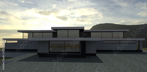 Thunderclouds. The sun breaks through the sky. Luxurious house in the foreground. Front entrance. 3d render. © Oleksandr
