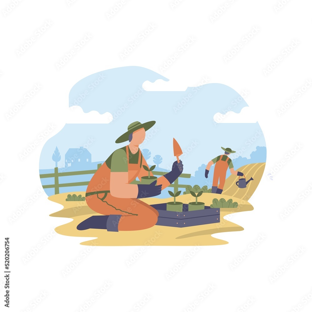 Fototapeta premium Flat vector farmer in garden illustration