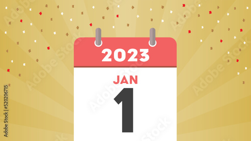 派手なゴールドの背景に2023年1月1日･元旦のシンプルなカレンダー - 2023･JAN1の文字入りの新年･年始の素材
