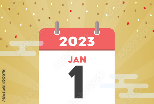 派手なゴールドの背景に2023年1月1日･元旦のシンプルなカレンダー - 年賀状比率の2023･JAN1の文字入りの素材
