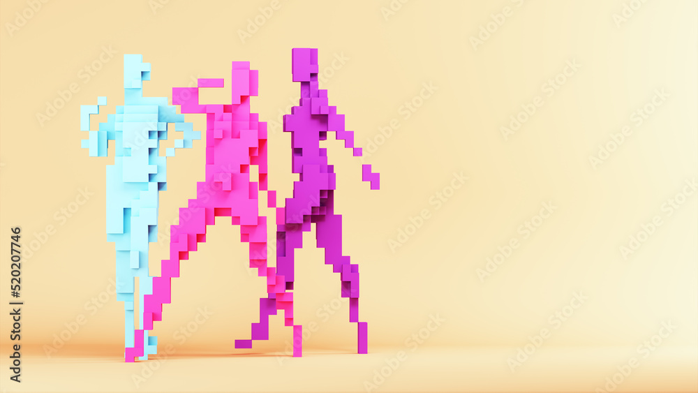 Women Abstract Cube Blocks Pink Purple Aqua Blue 1980s Vintage Decade Club Colour Palette Pixel Voxels with Warm Skin Tone Background 3d illustration render Women Abstract Cube Blocks Pink Purple Aqua Blue 1980s Vintage Decade Club Colour Palette Pixel Voxels with Warm Skin Tone Background 3d illustration render