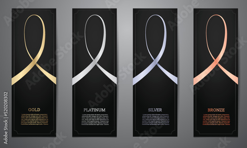 Metalic ribbon in black banner, Gold, Platinum, Silver, Bronze, Vector illustration.
