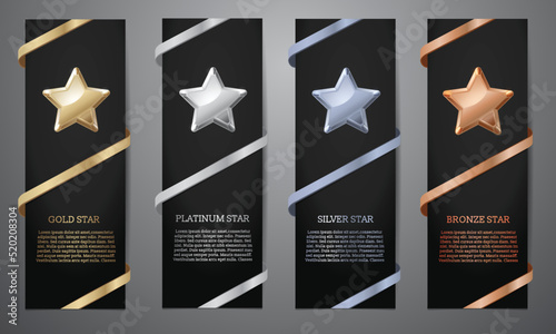 Metalic star and ribbon on black card, Gold, Platinum, Silver, Bronze, Vector illustration. photo