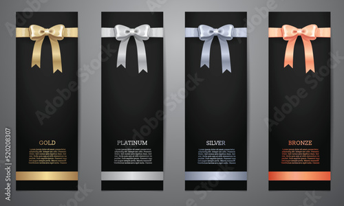 Metalic ribbon in black banner, Gold, Platinum, Silver, Bronze, Vector illustration.