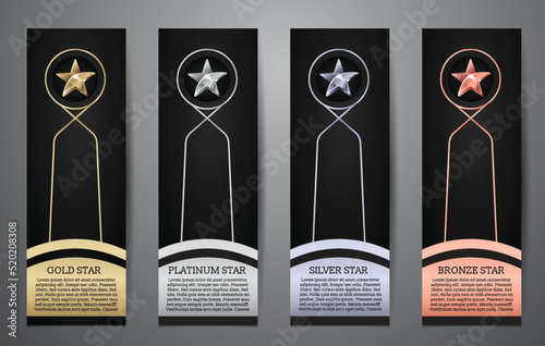 Metalic star and ribbon on black card, Gold, Platinum, Silver, Bronze, Vector illustration.