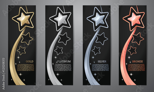 Metalic star and ribbon on black card, Gold, Platinum, Silver, Bronze, Vector illustration.