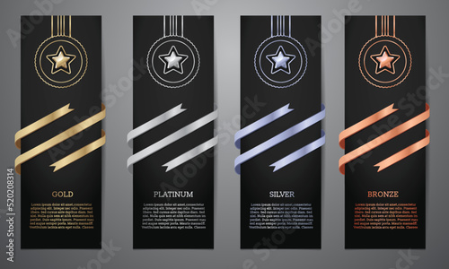 Metalic star and ribbon on black card, Gold, Platinum, Silver, Bronze, Vector illustration.