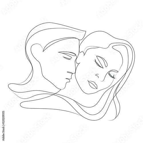Abstract man and woman in love,continuous line drawing vector illustration.Man kissing a woman on the neck Portrait minimalistic style.Modern minimal line art. fashion print.