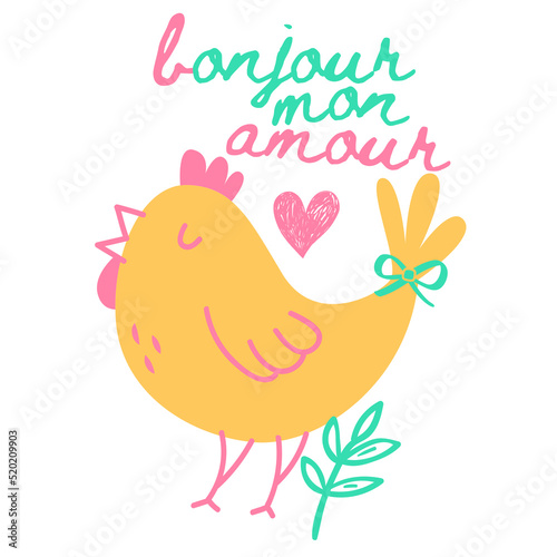 Bonjour mon amour card illustration with bird in the background