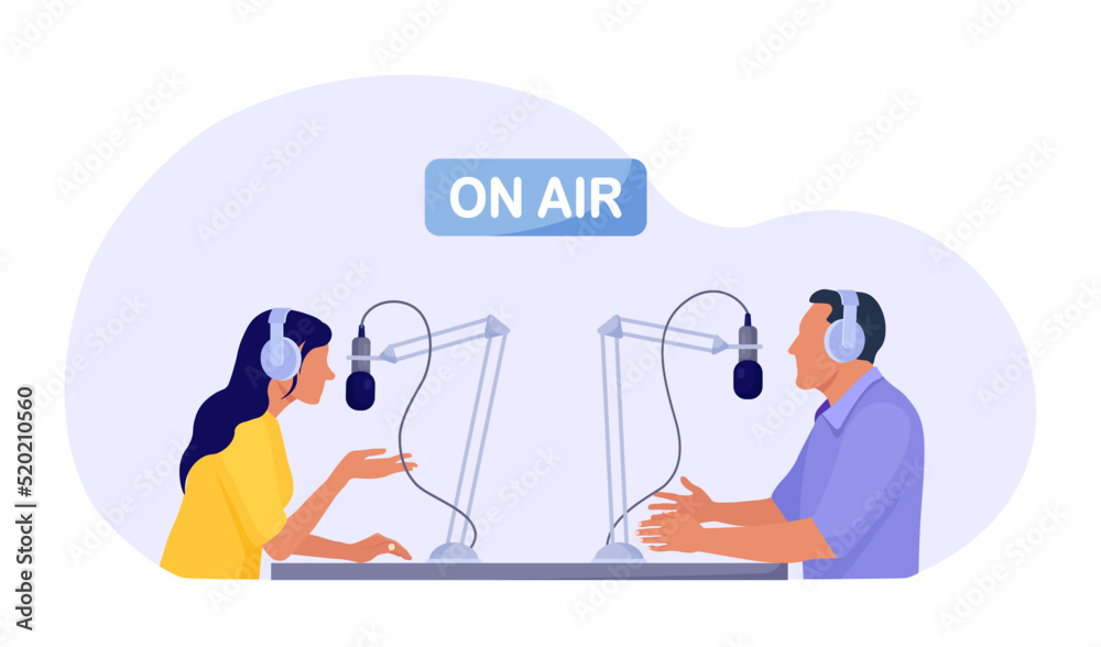 Radio host interviewing guests on radio station. Man and woman in headphones talking to microphones recording podcast in studio. Mass media broadcasting