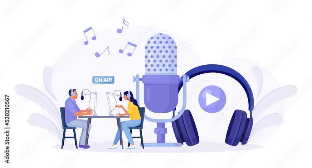 People recording podcast in radio studio. Female radio host interviewing guest. Man and woman in headphones talking. Mass media broadcasting. Sound recording equipment, microphone, headset