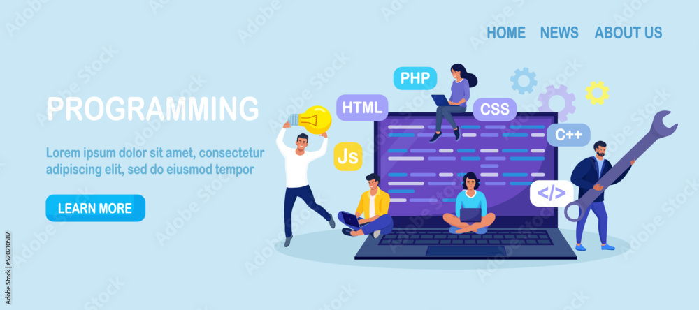 Developing programming and coding technologies and engineering development. Programmer or developer create code. Laptop screen with codes. Developer work with task, coding software using pc