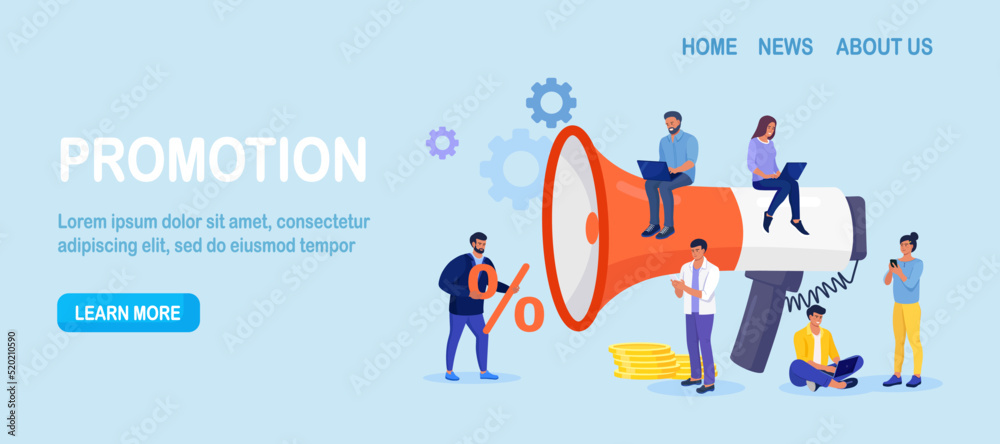 Digital Marketing. Big Megaphone with Money. Promoter Attracts Customers, Investors. Loyalty Reward, Discount, Bonus Program. Attraction of Target Audience, Subscribers. Social Network Promotion