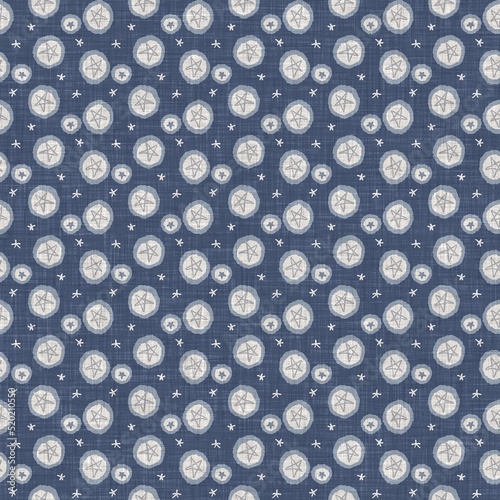 French blue star motif seamless pattern. Tonal country cottage style abstract motif background. Simple vintage rustic fabric textile effect. 