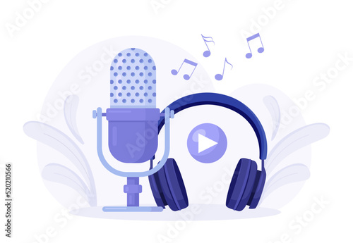 Online broadcasting concept. Audio recording. Sound recording equipment, microphones, headset. Headphones with microphone. Music earphones