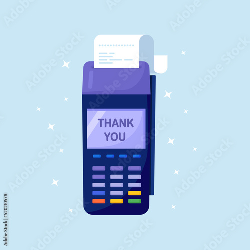 POS terminal confirms the payment by debit credit card, invoice. Bank Transaction. NFC payments with pay receipt