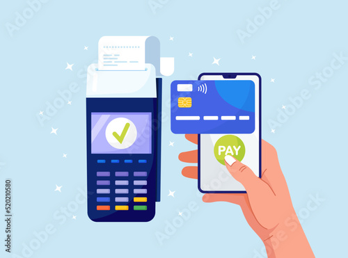 POS terminal for contactless pay with smartphone. Payment machine and mobile phone with credit card on screen. Success NFC payment transaction. Online banking, internet money transfer service