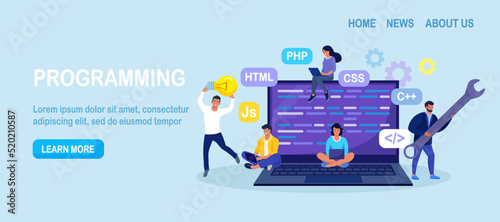 Developing programming and coding technologies and engineering development. Programmer or developer create code. Laptop screen with codes. Developer work with task, coding software using pc