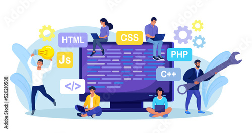 Developing programming and coding technologies and engineering development. Programmer or developer create code. Computer screen with codes. Developer work with task, coding software using pc