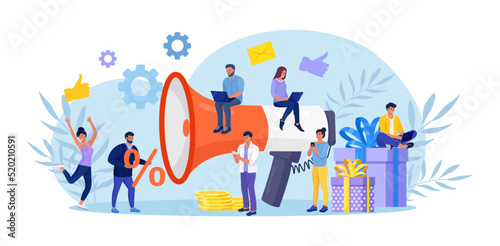 Digital Marketing. Big Megaphone with Gift Box. Promoter Attracts Customers, Investors. Loyalty Reward, Discount, Bonus Program. Attraction of Target Audience, Subscribers. Social Network Promotion photo
