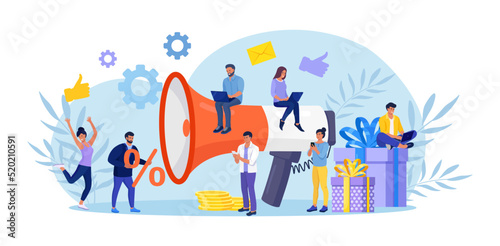 Digital Marketing. Big Megaphone with Gift Box. Promoter Attracts Customers, Investors. Loyalty Reward, Discount, Bonus Program. Attraction of Target Audience, Subscribers. Social Network Promotion