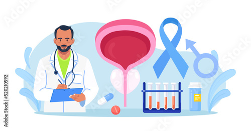 Prostate cancer. Urologist examines male genitourinary system. Diagnosis of prostatitis or sexual dysfunction. Andrologist engaged in prevention and treatment of prostate gland diseases photo