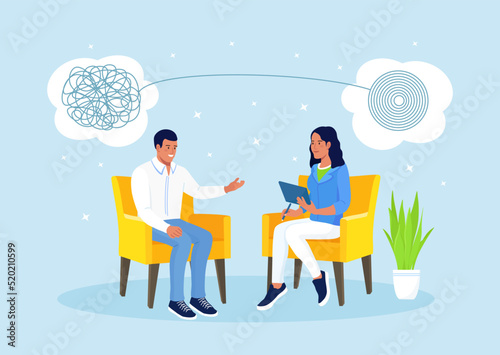 Psychologist woman and man patient in psychology therapy session. Treatment of stress, addictions and mental problems. Psychotherapy practice, psychological help, psychiatrist consulting
