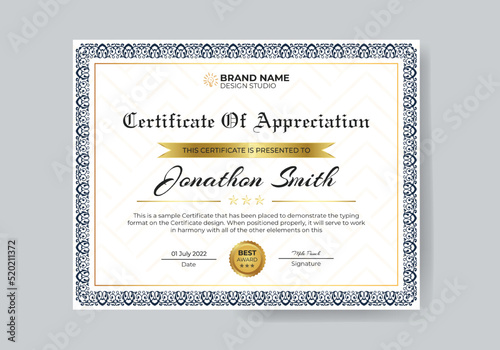 Modern Appreciation Certificate with Classic Frame