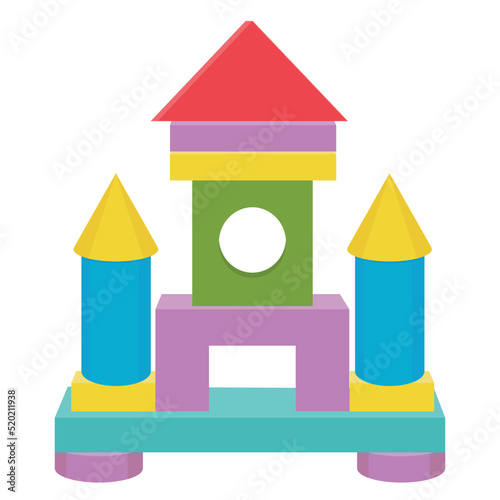 Construction of a tower or fortress made of colored wooden cubes, vector isolated illustration in the flat style