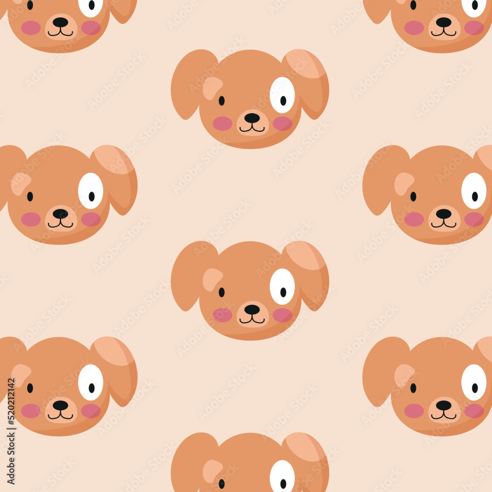 Cute animal face, dog muzzle, fluffy head seamless pattern. Childish design of wrapping paper, fabric, textile, graphic, print. Cartoon vector illustration. Texture, background, wallpapers, ornament