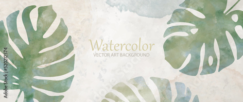 Botanical art vector watercolor background with green leaves. Modern artistic graphic design for interior, poster, cover, banner, flyer, cards. Pastel colors template for design interior. Leaf texture