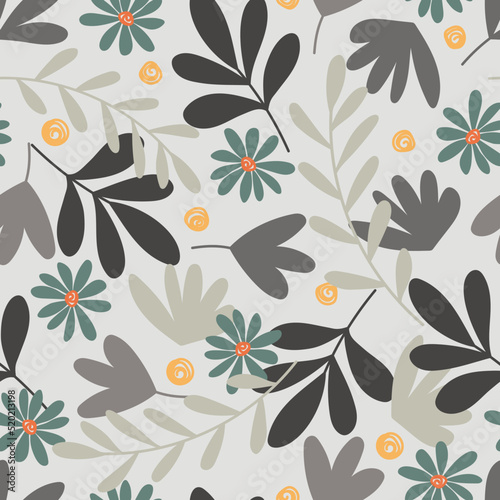 Endless vector pattern with abstract leaves and flowers. Floral ornament for textiles, packaging, paper. Seamless Repeat Pattern.