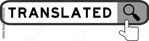 Search banner in word translated with hand over magnifier icon on white background