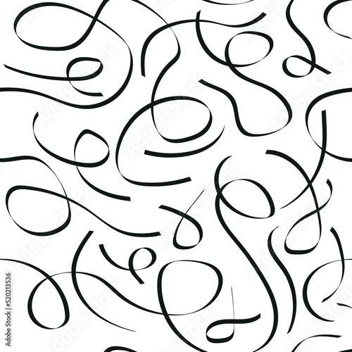 Black and white doodle seamless abstract background, calligraphic lines pen drawing by hand