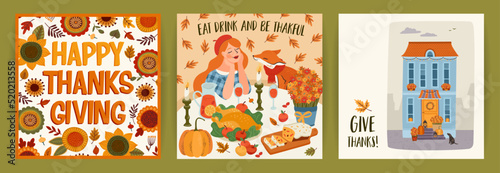 Happy Thanksgiving illustrations. Set of vector designs for card, poster, flyer, web and othe