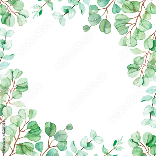 Watercolor hand painted nature squared frame with green eucalyptus leaves on branches border composition on the white background for invite and greeting card with space for text