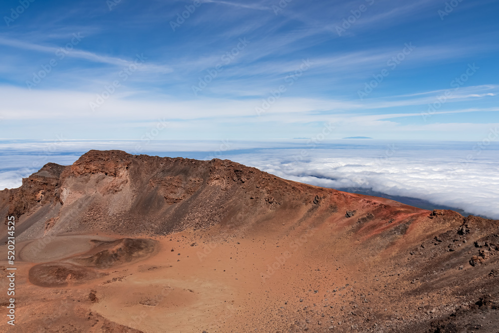 Panoramic view from the summit of Pico Viejo into the active crater. Volcanic barren desert terrain near Pico del Teide, Tenerife, Canary Islands, Spain, Europe. Solidified lava, ash, pumice on path