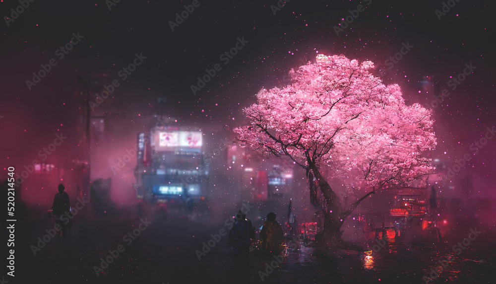 Obraz premium Fantasy night city Japanese landscape, neon light, residential buildings, big sakura tree. Night urban fantasy background. 3D illustration.