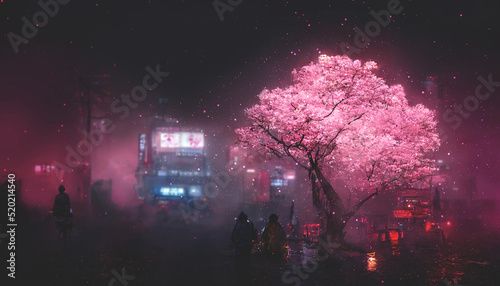 Fantasy night city Japanese landscape, neon light, residential buildings, big sakura tree. Night urban fantasy background. 3D illustration.