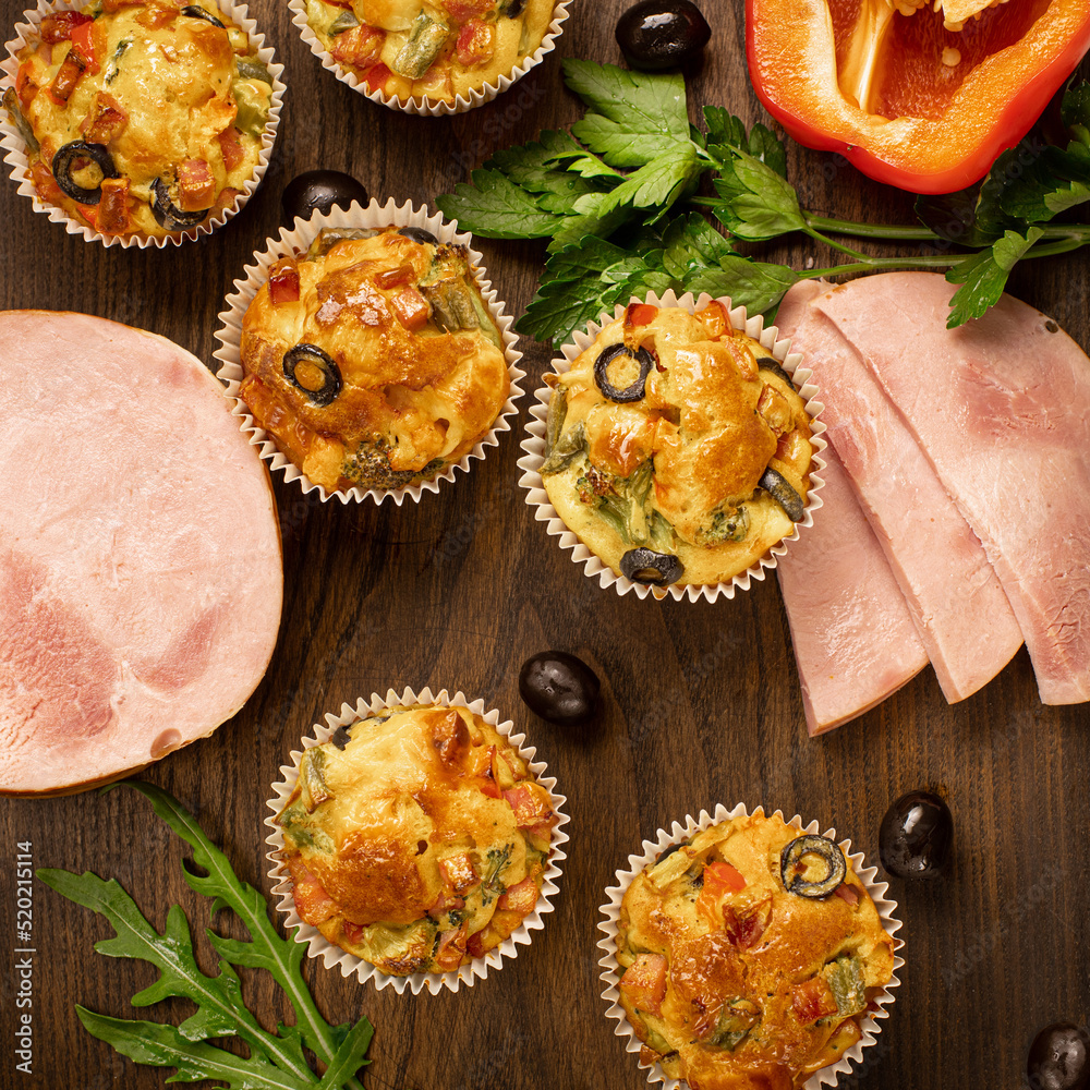 Delicious Green beans, olives, sweet red pepper and Boiled sausage ham egg muffins, high protein and low carb breakfast Delicious Green beans, olives, sweet red pepper and Boiled sausage ham egg muffins, high protein and low carb breakfast