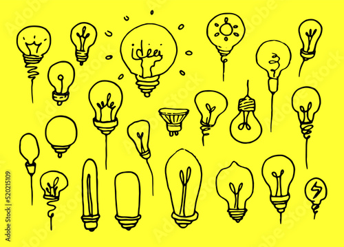 a set of contour light bulbs . Insulated ball bulbs of different shapes, hand-drawn in cartoon style, with a black insulated line on yellow for a design template. Symbol of the idea and thinking