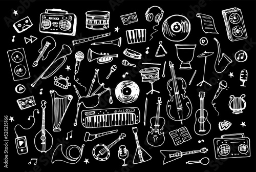 Musical instruments a large set of scribbled icons. hand-drawn, isolated black outline on white, drums, string and wind instruments and electronic equipment. vintage and street music