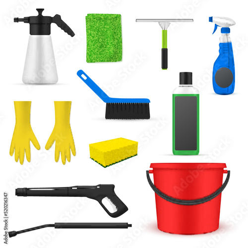Car cleaning and washing products set realistic vector illustration. Gloves rag brush sponge bucket