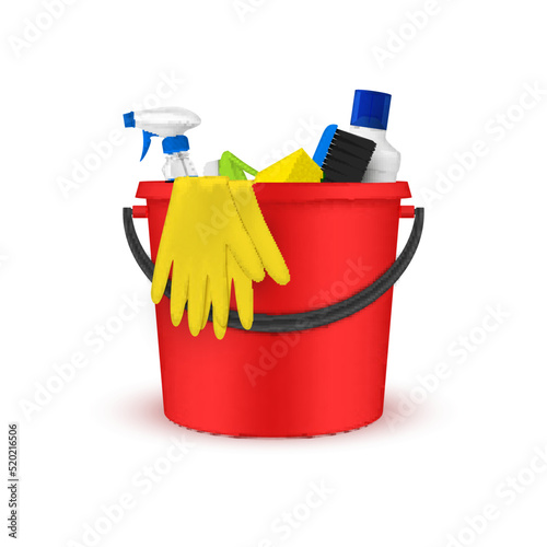 House cleaning kit red plastic bucket with detergents and equipment realistic vector illustration