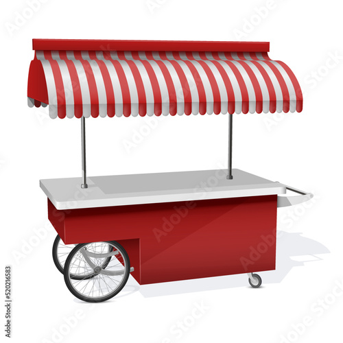 Outdoor food cart red white striped awning kiosk realistic vector market portable retail showcase