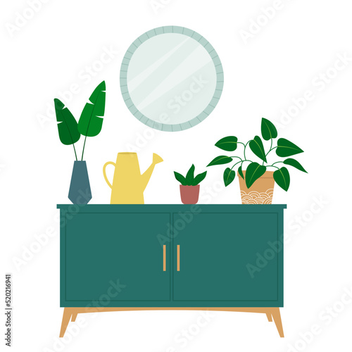 Interior design of a room with sideboard, watering can, houseplants and mirror. Trendy composition with home decorations