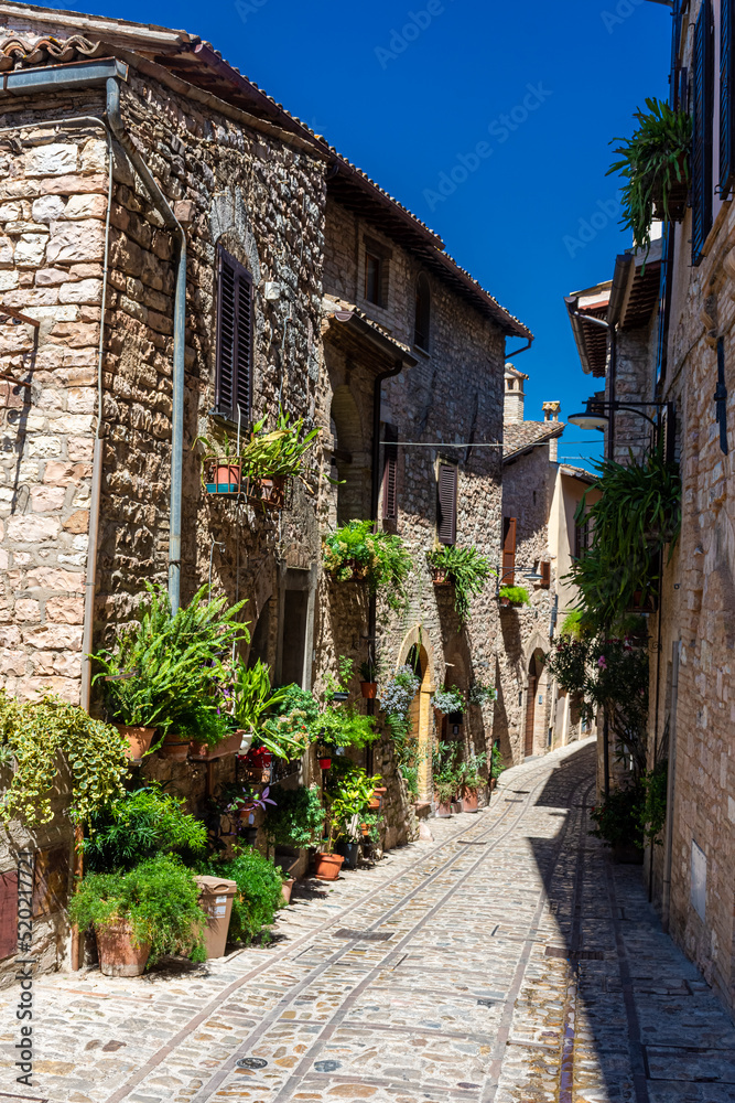 Beautiful medieval street with flowers and plants in the historic center of Spello, Umbria Italy