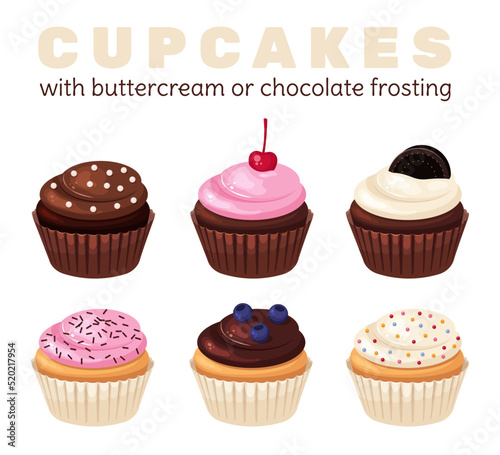 Set of different cupcakes with cupcakes with buttercream or chocolate frosting. Cupcakes with basic flavors.