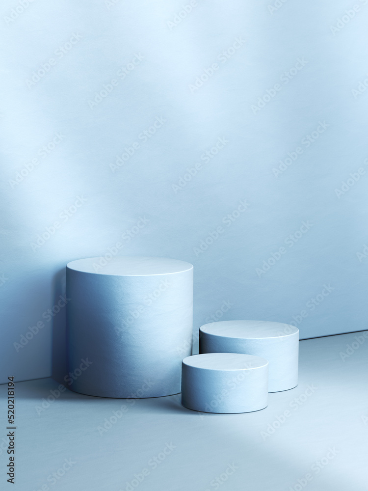 Three blue various sized empty cylindrical pedestals. 3d computer graphic template of displaying place for your products. Blank template. Three blue various sized empty cylindrical pedestals. 3d computer graphic template of displaying place for your products. Blank template.