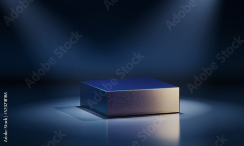Metallic square podium lit by spotlights. 3d computer graphic template of displaying place for your products.
